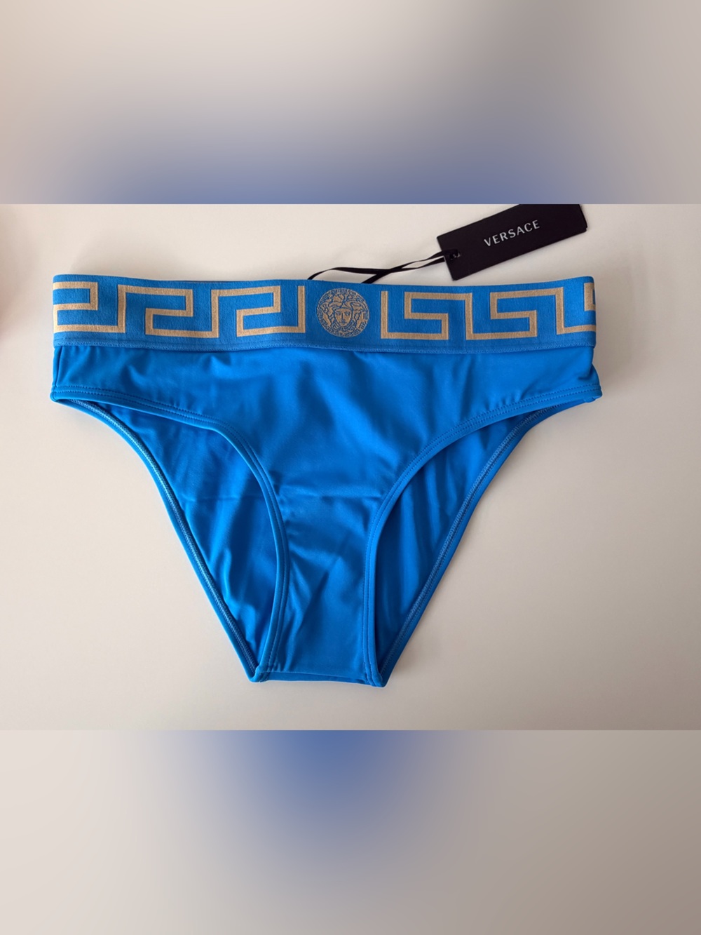 Versace Bright Blue Bikini Bottom with Gold Greca Trim